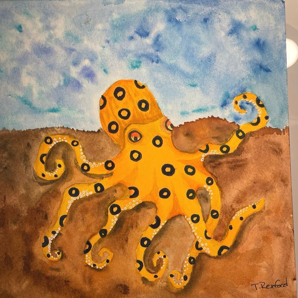 Hand painted watercolor original painting octopus 8x8”